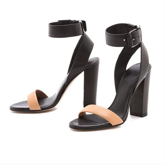 Vince Alexa Leather Ankle Strap Sandals Block Heel Black Nude Women's 7.5 EU 38 - Picture 1 of 9